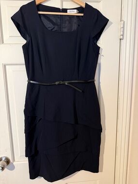 Calvin Klein Navy Layered Midi Dress with Slim Belt
